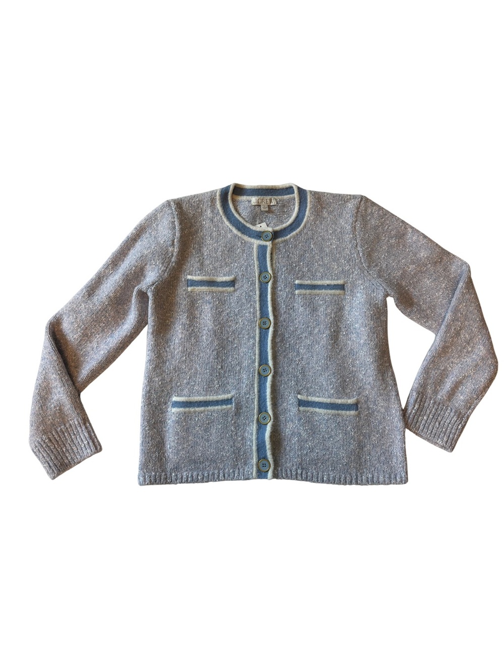 J. Crew Gray Cardigan Sweater with Light Blue Trim